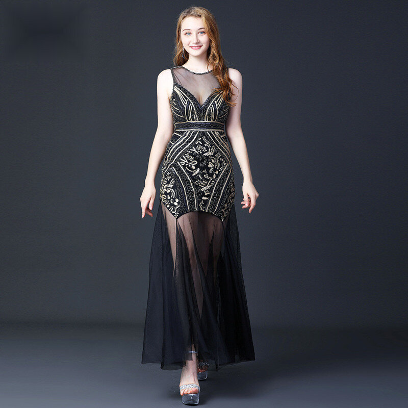 Новинка 2024, изысканное банкетное вечернее платье, элегантное и сексуальное платье с блестками и глубоким V-образным вырезом, черное яркое платье со стразами, длинное платье