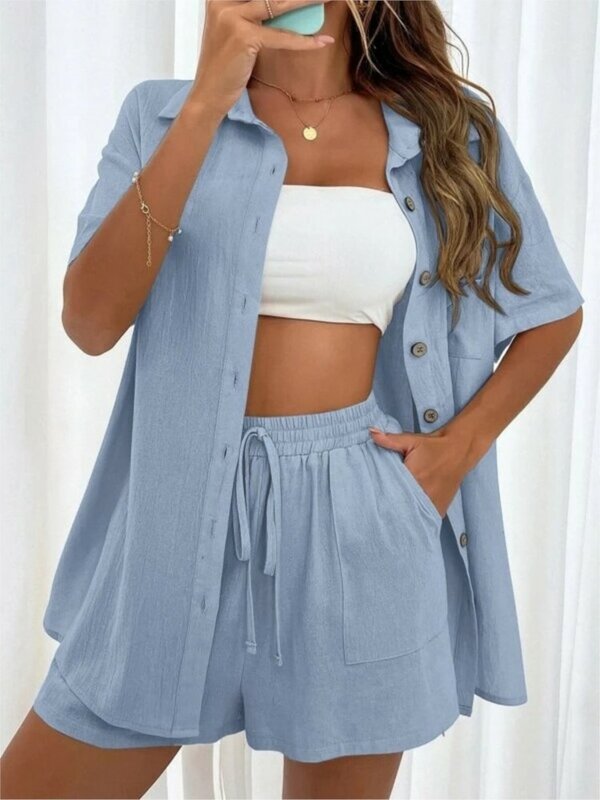 Casual New In Matching Sets Woman Summer 2024 Fashion Women 2 Piece Set Outfit Loose Tops Shorts Sets Blue Shirts And Blouses