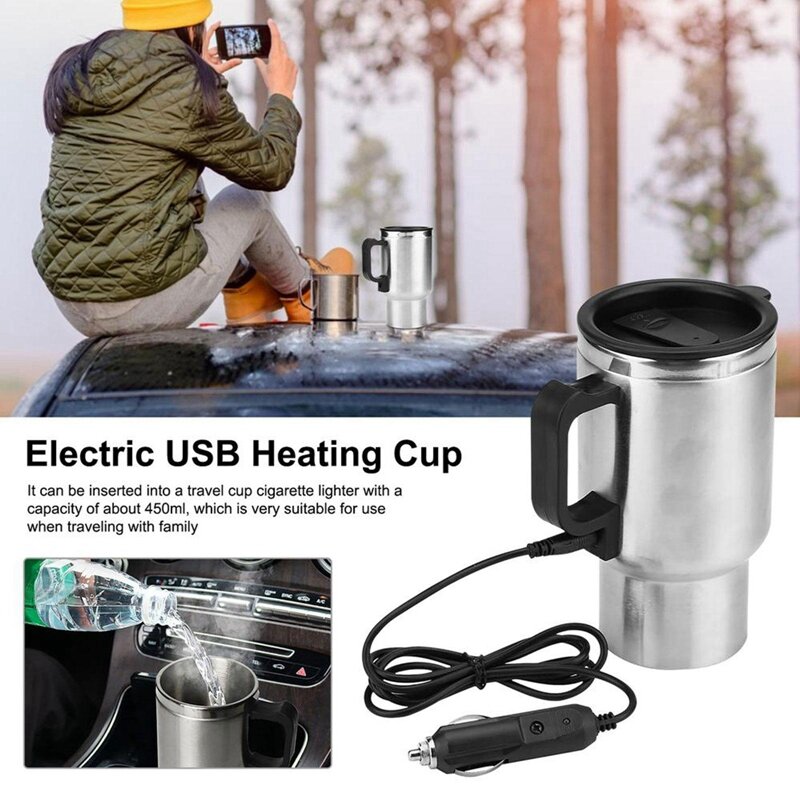 차량용 USB 히팅 컵, 음료 주전자, 머그잔 라이터, 가열 케이블 컵, 여행용 물 전기 머그잔, 내구성, 450ML, 12V