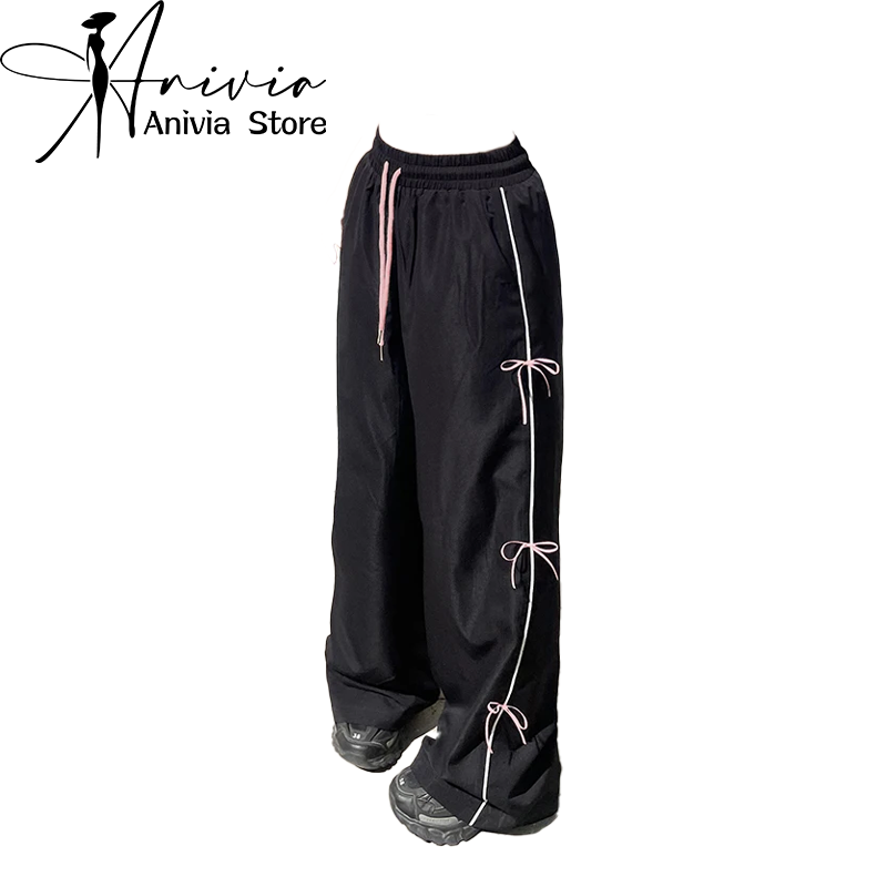 Women Black Gothic Baggy Bow Pants Harajuku Y2k 2000s Aesthetic Sweatpants Oversize Parachute Pants Vintage Trousers Emo Clothes