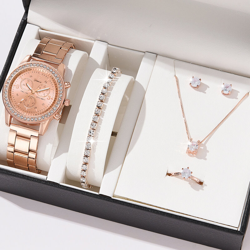 6PCS ชุด Luxury นาฬิกาผู้หญิงแหวนสร้อยคอต่างหู Rhinestone นาฬิกาข้อมือแฟชั่นหญิงสบายๆนาฬิกาสร้อยข้อมือนาฬิกา