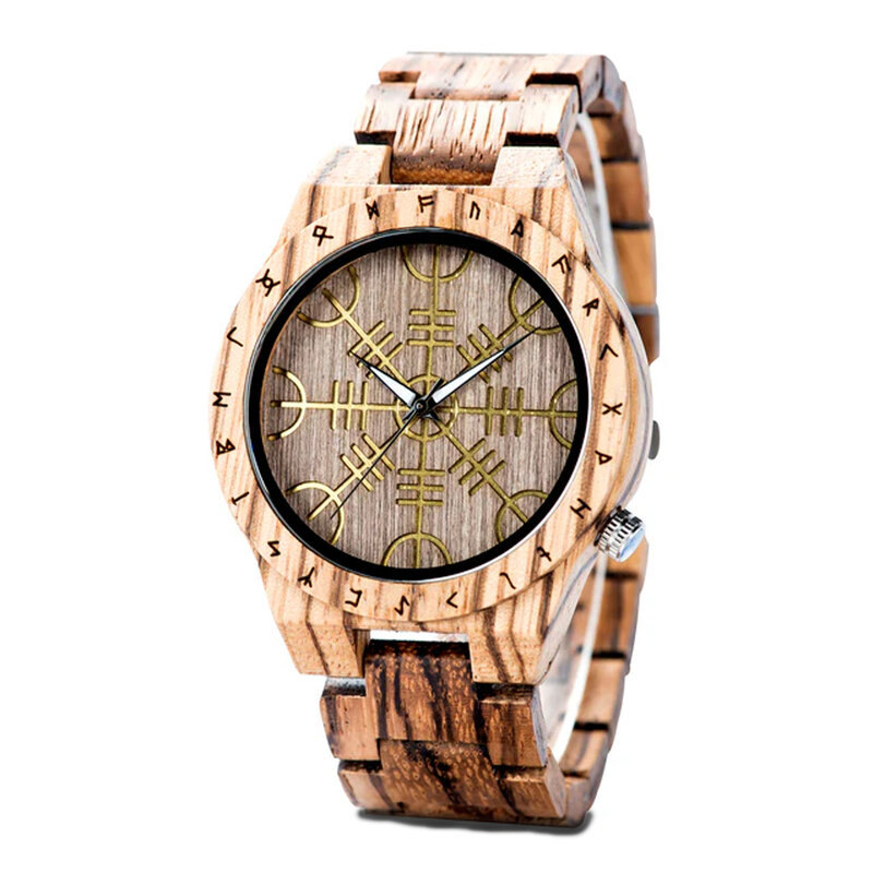 남성용 핸드메이드 나무 시계, 독특한 룬 원형 시계, 골든 심볼 시계, 경량 패션 쿼츠 손목시계, 팔찌