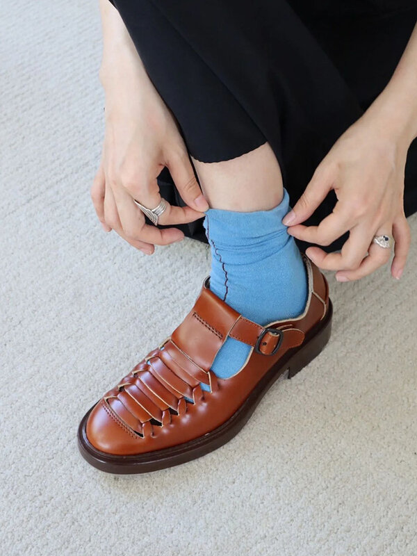 Hereu-zapatos trenzados de piel auténtica para mujer, sandalias caladas con correa en T, Estilo Vintage, para primavera