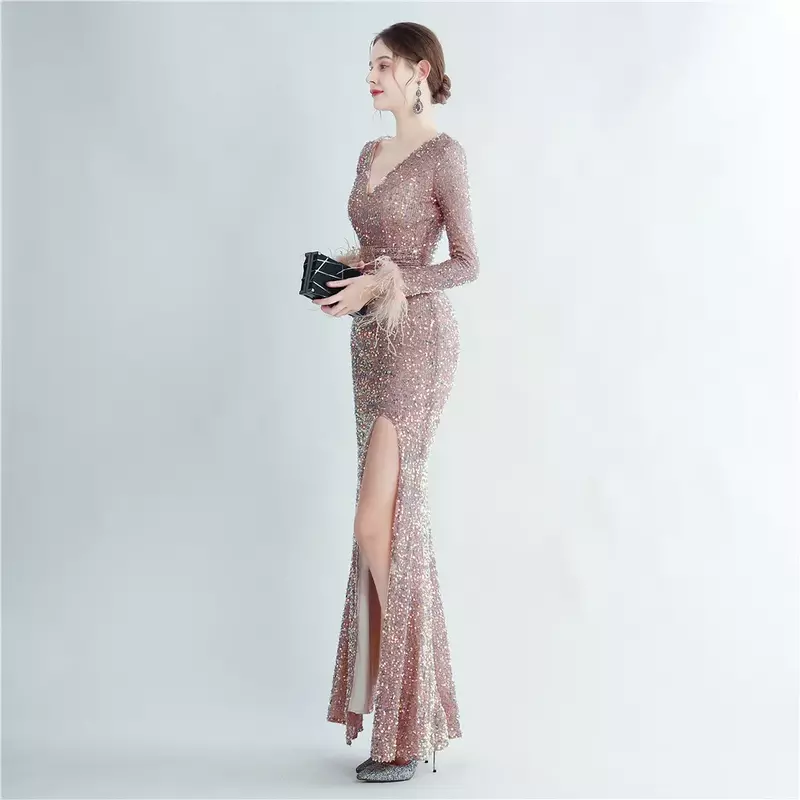 Sladuo Women's Sexy Long Sleeve With Feather Sparkly Maxi Dress V Neck High Slit Wrap Formal Gown Cocktail Glitter Maxi Long Dr
