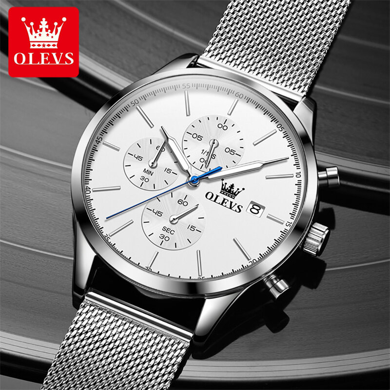 Olevs-シルバーメッシュベルト付きメンズクォーツ時計、発光腕時計、クロノグラフ、スポーツ、日付、防水