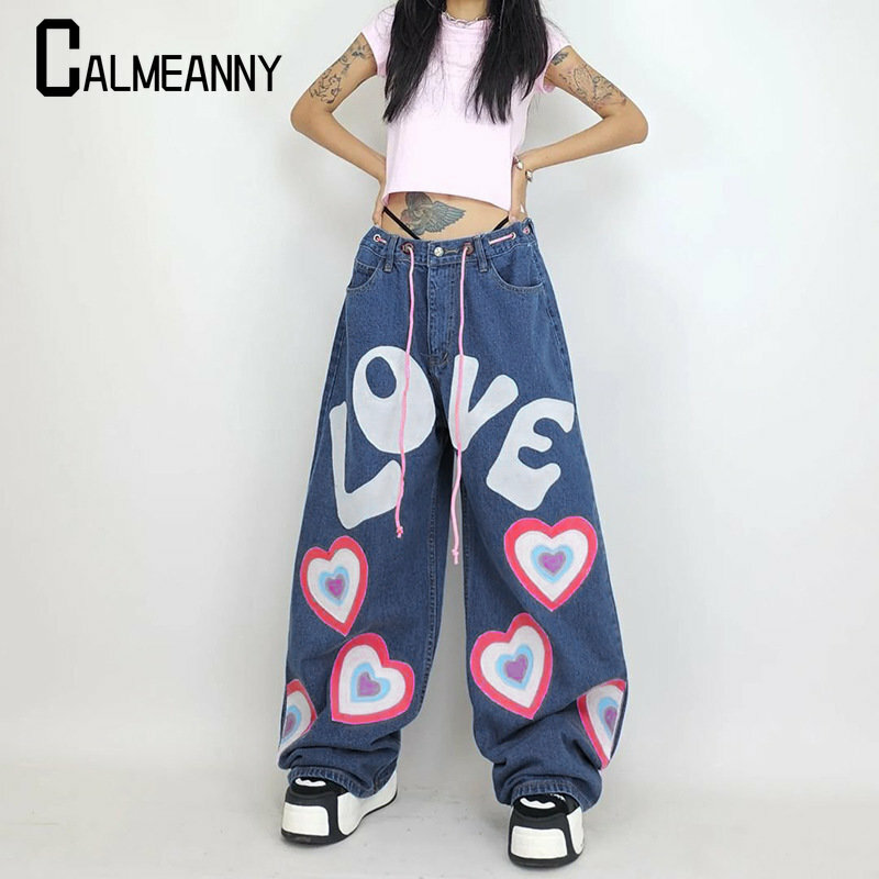 Spring Autumn New High Waist Loose Harajuku Style Casual Trouser Contrast Letter Heart Print Jeans Street Fashion Wide Leg Pants