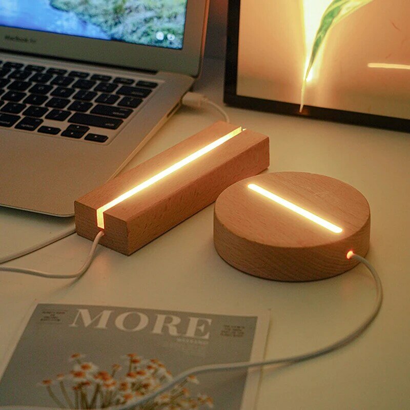 Suporte da lâmpada luminosa de madeira sólida, 3D Acrílico LED Night Light Base, DIY Decoração da sala