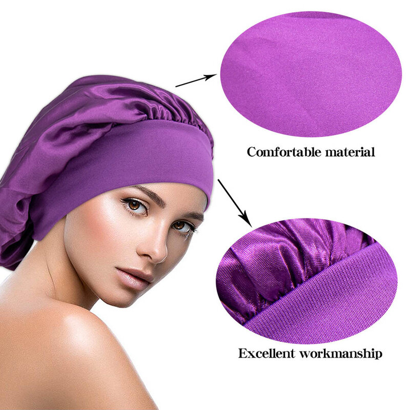 Confortável Wide Silk Satin Sleeping Hat para mulheres, Cap Cuidados com o cabelo, Chapéu de dormir para senhora, Chapéu de cabelo para cabelo