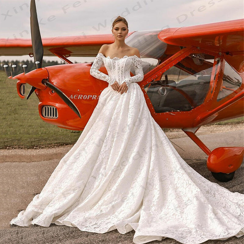 Gaun pengantin wanita cantik 2024 gaun pengantin putri bahu terbuka seksi lengan panjang elegan Applique renda A-Line Formal