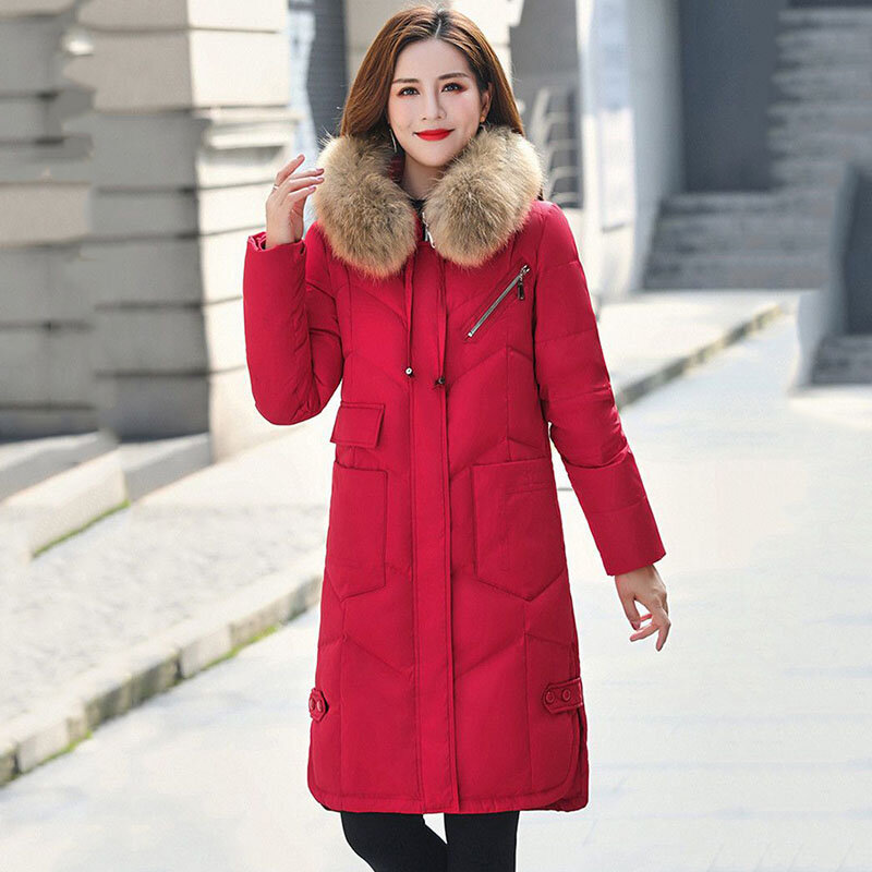 女性のためのフード付きの白い毛皮の襟付きコート,長くてタイト,大きな毛皮の襟,暖かくてファッショナブルな気質,冬のファッション,2023