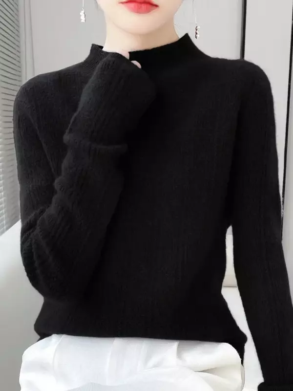Pulôver de manga comprida com pescoço simulado para mulheres 100% lã merino malhas básicas macias, top de roupas femininas, outono e inverno