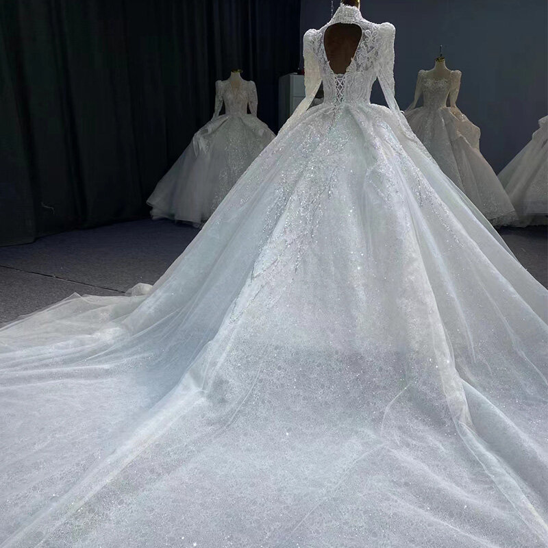 Superfine Popular Design Wedding Suits For Women Floor-Length Full Sleeves Wedding Dress Illusion Sequins Robe De Mariée MN151