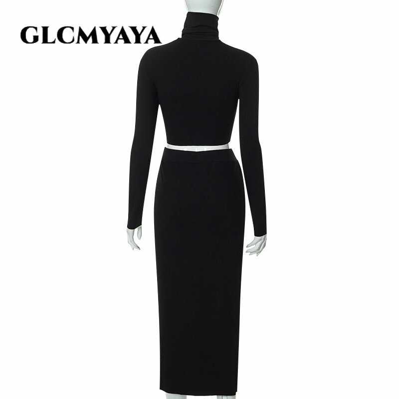 GLCMYAYA Knit Ribbed Women Vintage Bodycon Midi Maxi Long Skirt Suit Long Sleeve Sweater Black 2023 INS Two 2 Piece Set Outfits