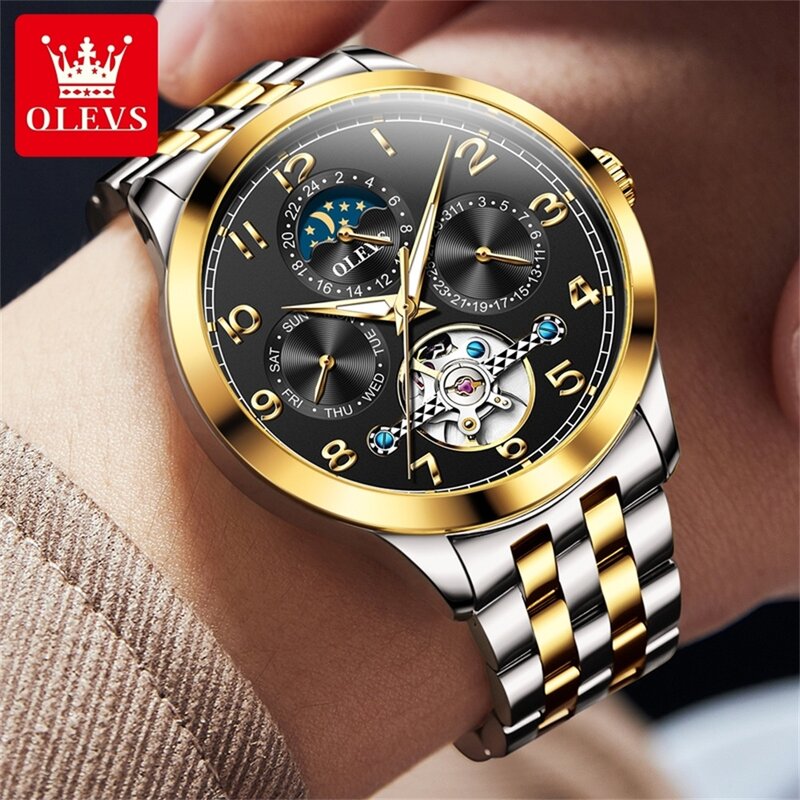 OLEVS นาฬิกาผู้ชายหรูหรากันน้ำเรืองแสง, นาฬิกาสแตนเลสสตีลนาฬิกากลไกดวงจันทร์เฟสแบบดั้งเดิม