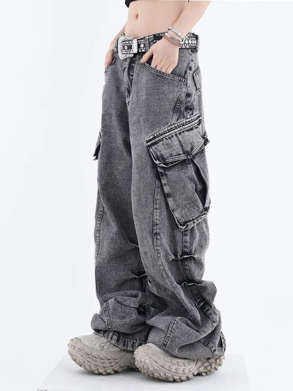 Spodnie Cargo damskie jeansy główna ulica sprane w stylu Vintage dżinsy z wysokim stanem spodnie damskie Casual szerokie nogawki workowate dżinsy odzież damska