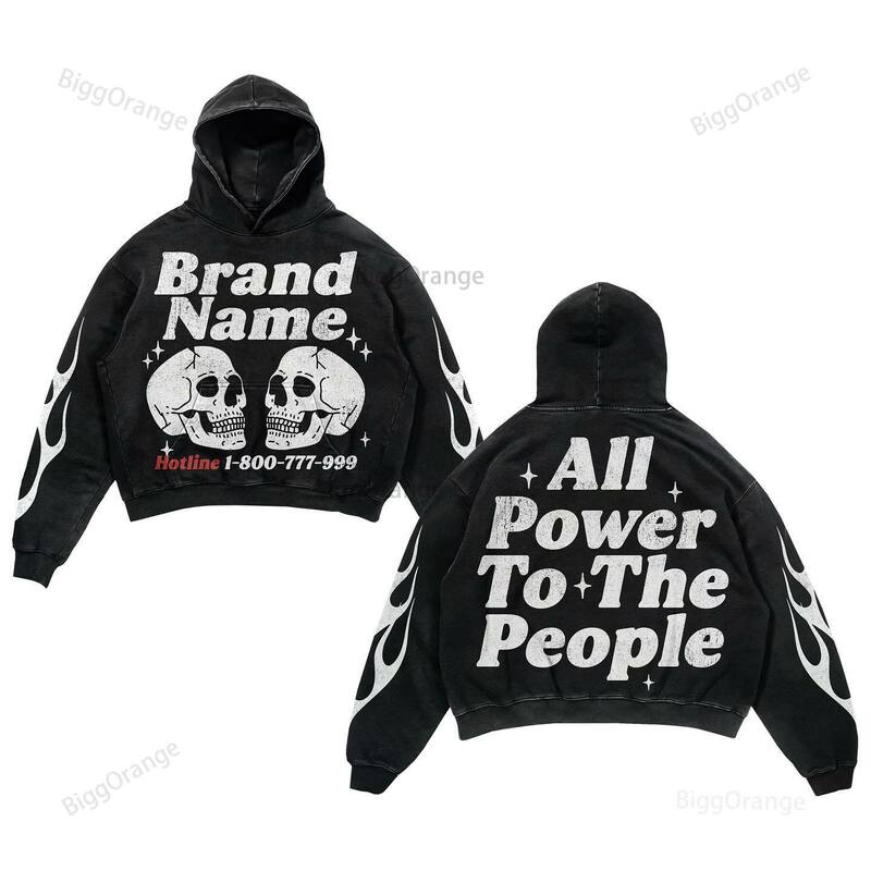 2024 New Double Skull Printed Sweater with Back Letters Made of Pure Cotton Street Hoodie Sports Loose Top for Men and Women y2k