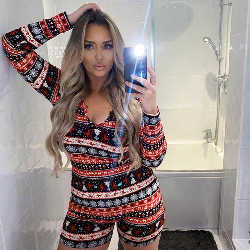SKMY Fall Outfits Women 2022 New Fashion Christmas Print Shorts Jumpsuits Long Sleeve V-Neck Bodycon Rromper Party Clubwear