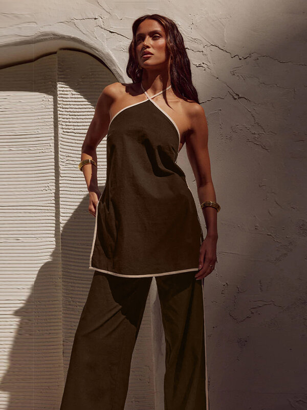 Marthaqiqi Fashion Damska piżama 2-częściowy zestaw Spaghetti Strap Sleepwear Tank Tops Nightie Backless Pyjama Spodnie Damskie Pijama Suit