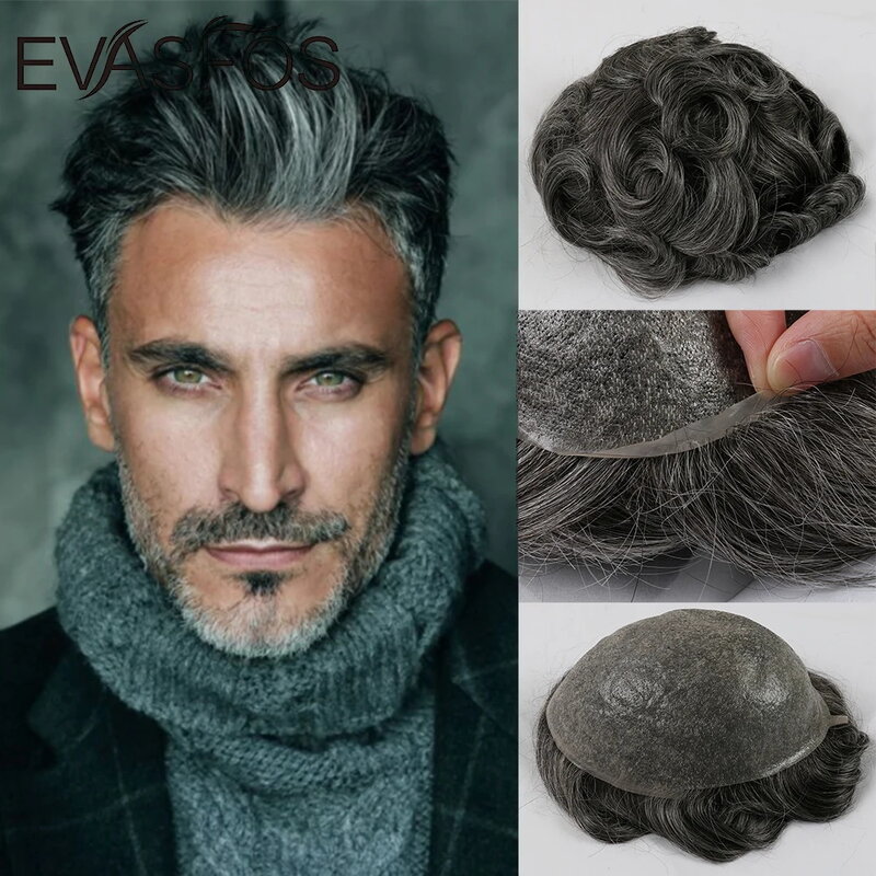 EVASFOS Men Toupee Remy Human Hair Pieces V Loop 0.08mm Skin PU Base Prosthesis Male Wig Hair Replacement System For Men's