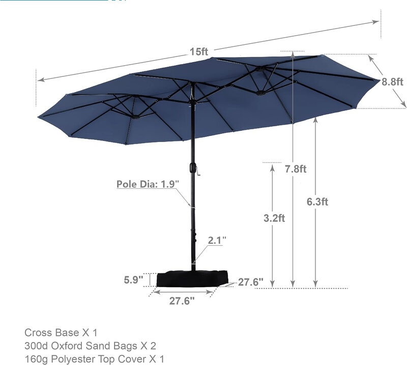 15-футовый большой зонт с основанием, двусторонний открытый зонт