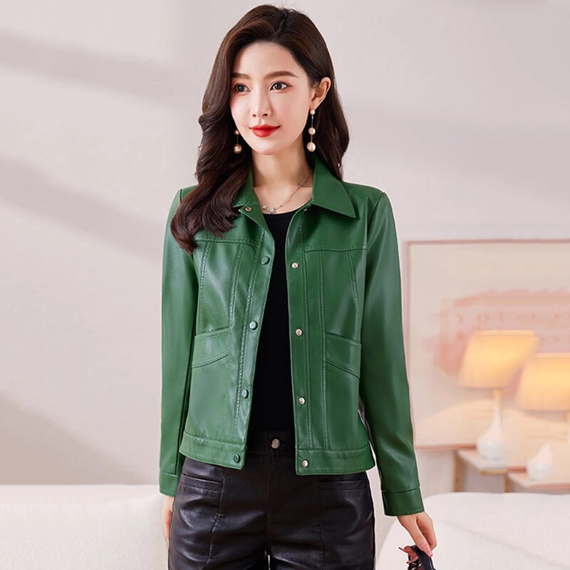 New Women Leather Jacket Spring Autumn Fashion Single Breasted Casual Slim Short Coat Split Leather Outerwear Plus Size M-6XL