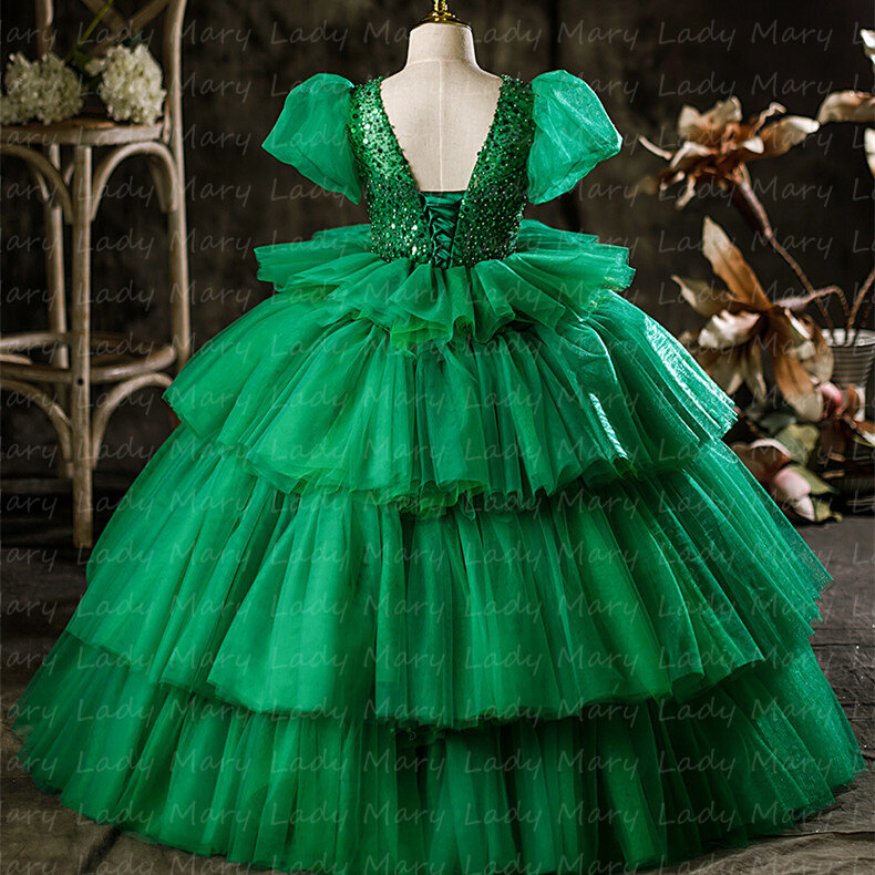 Precioso vestido verde de fiesta de cumpleaños para niñas, falda de tul de capas, mangas cortas, vestidos de flores de boda de princesa, sesión de fotos, desfile