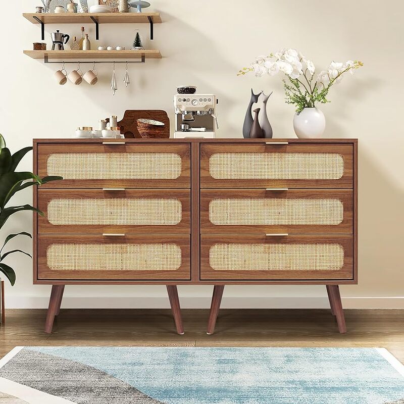 Drawer Dresser, Rattan Chest of Drawers with Drawers Dresser, Accent Storage Cabinet Modern Bedside Table  for Bedroom, Entryway