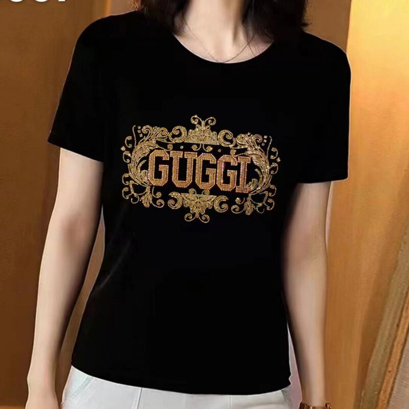 Fashion Diamonds Interior Lapping Summer Slim O-neck Pullovers Ladies Casual Short Sleeve Women's Clothing Solid Color T-Shirts