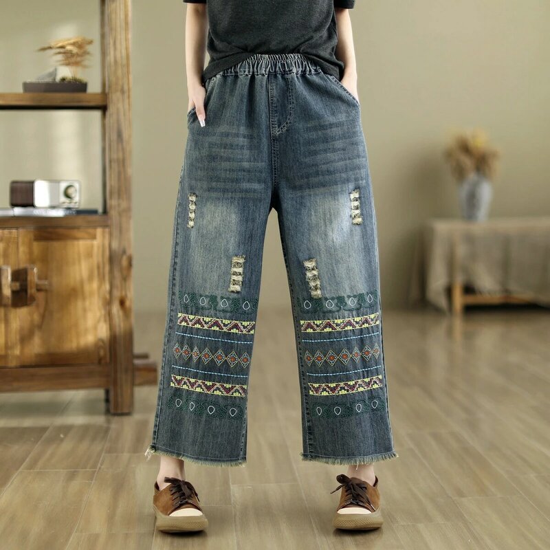 Aricaca kobiety z wysokim stanem spodnie z szerokimi nogawkami M-2XL haft moda jeansowe spodnie haremowe
