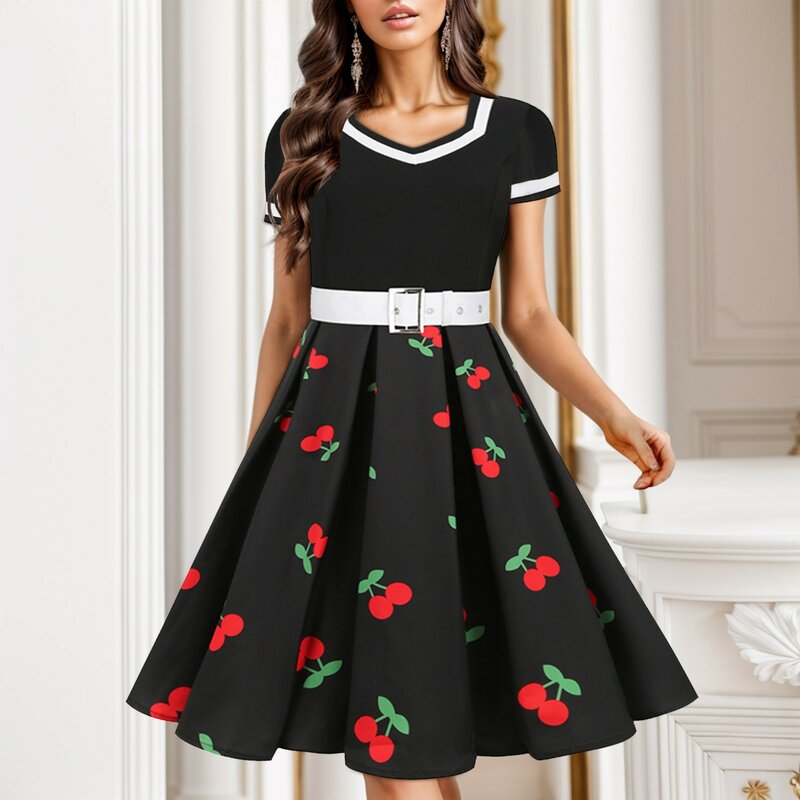Женское платье-трапеция с коротким рукавом и цветочным принтом