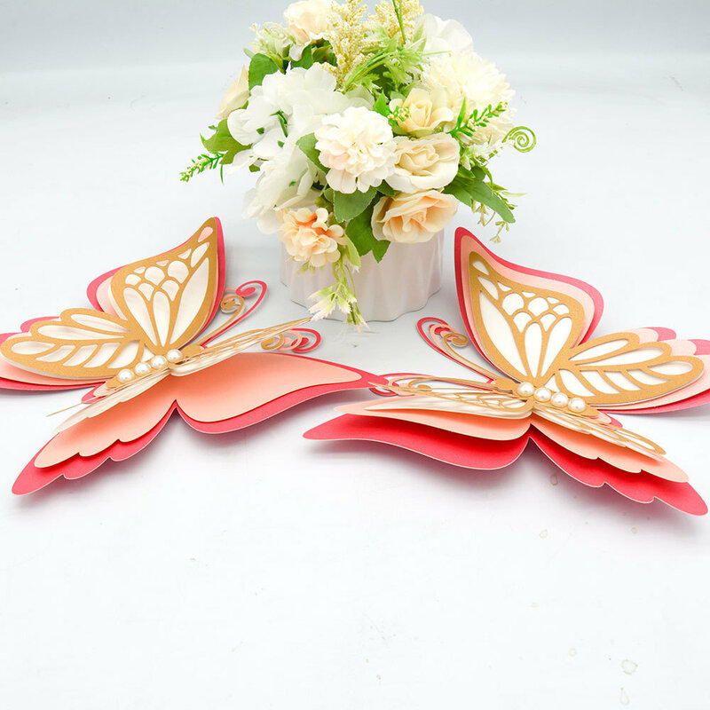 Pegatina de pared de mariposa hueca 3D de cuatro capas, decoración de boda, papel tapiz de decoración del hogar, papel de perlas, pegatinas de mariposas