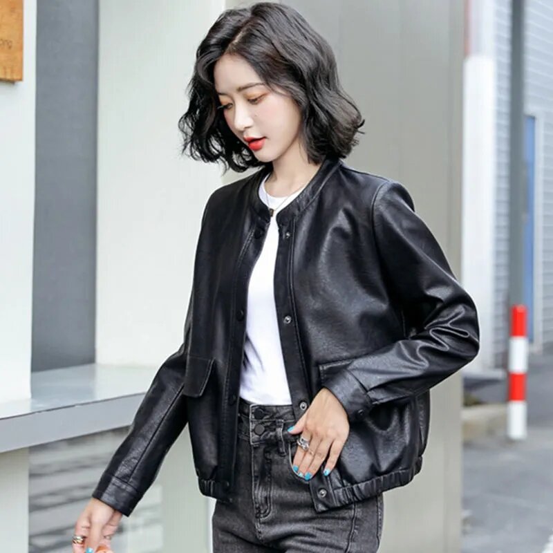 Primavera autunno colletto alla coreana giacca in pelle femminile 2023 nuove donne abbigliamento in pelle moda cappotto corto moto capispalla