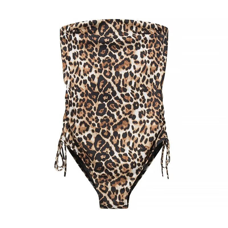 YENKYE Sexy Women Side Drawstring Strapless Leopard Bodysuit Summer Romper Body Mujer Playsuit Tops