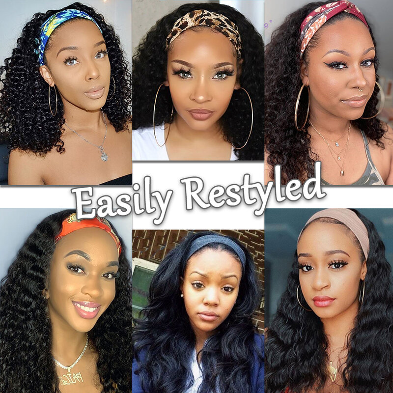 Afro Kinky Curly Headband Wigs Human Hair Wigs Brazilian Remy Hair For Women Full Machine Made Wig Natural Hairline Scarf Wig