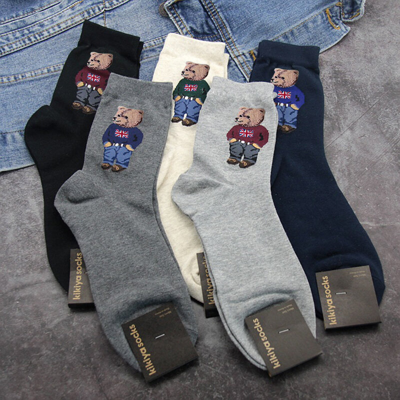 Calcetines de algodón con estampado de oso para hombre, medias transpirables de estilo Harajuku, ideal para monopatín, regalo de Navidad, novedad