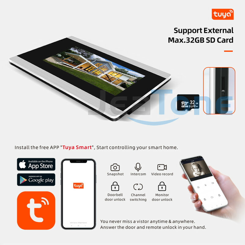 Jeatone 7 Polegada Tuya IP Video Intercom Full Touch Screen com 32G SD Card Security System WiFi Smart Access Control Campainha