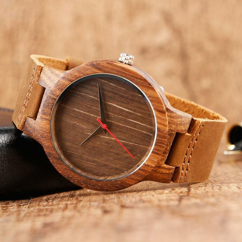 Lässige Unisex-Uhren rundes Zifferblatt Naturholz uhr Männer Frauen Kunstleder Armbanduhr keine Nummer analoge Quarz armbanduhr