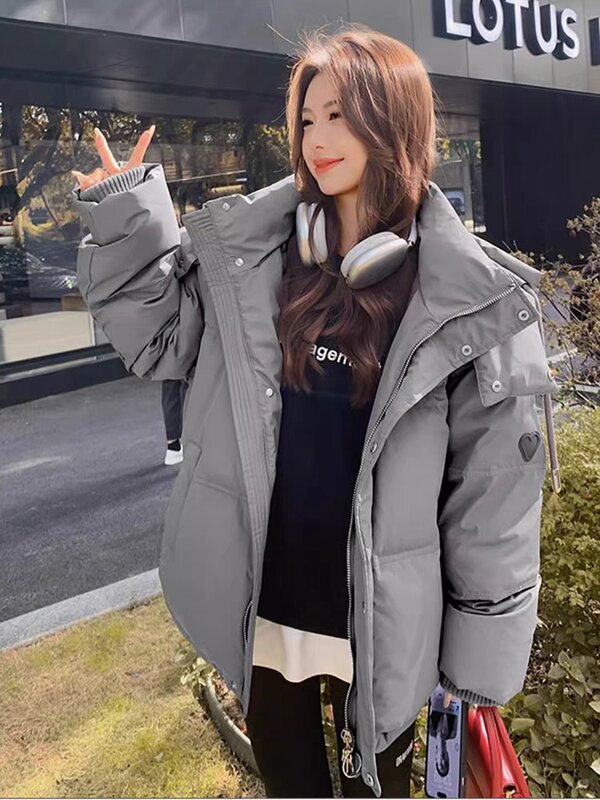 Abrigo de plumón con capucha para mujer, traje de trabajo gris de alta calidad, moda de invierno, 2023