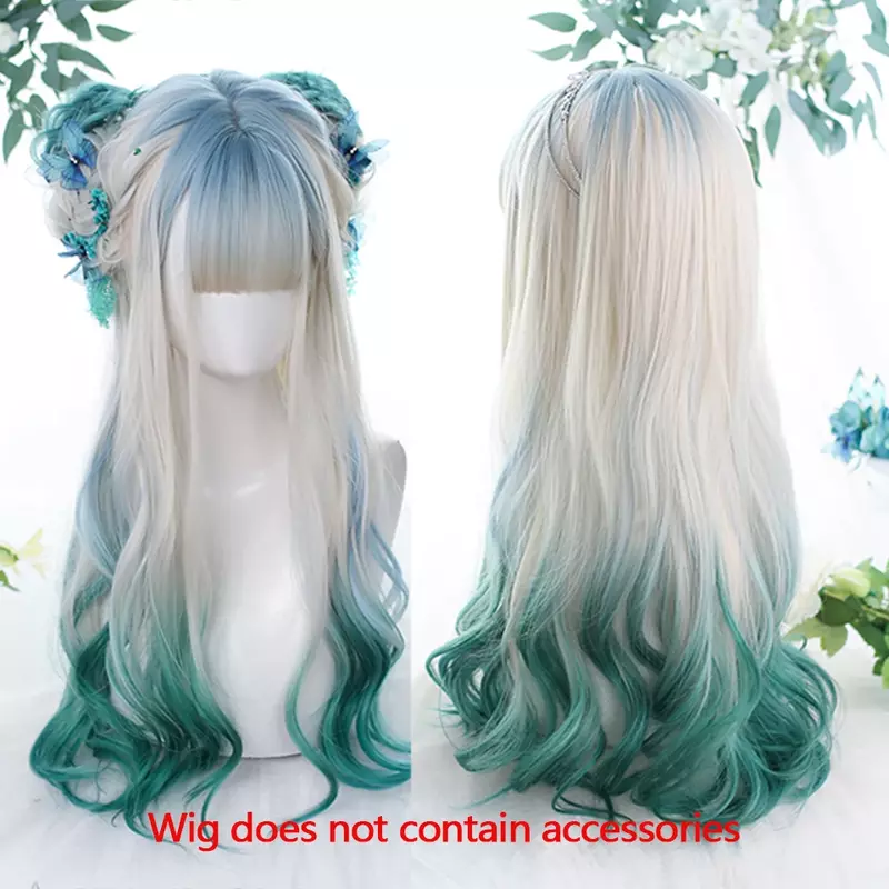 Long Ombre Colorful Synthetic Cosplay Lolita Harajuku Wig With Bangs Natural Wavy Wigs Pink Purple Blue Daily Wigs