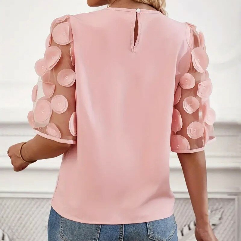 Bluzka z okrągłym dekoltem z krótkim rękawem swobodna koronka patchworkowe topy biurowa damska bluzka elegancka siateczka Mesh bluzka Femme