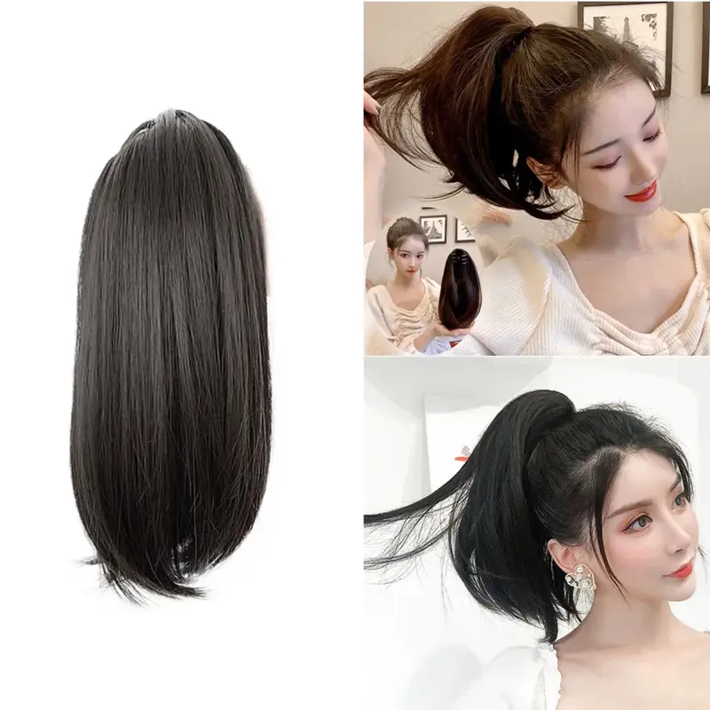 38cm Short Straight Ponytail Clip-on Wigs for Women Natural Fluffy Slightly Warped Fake Pony Tail Hair Extensions
