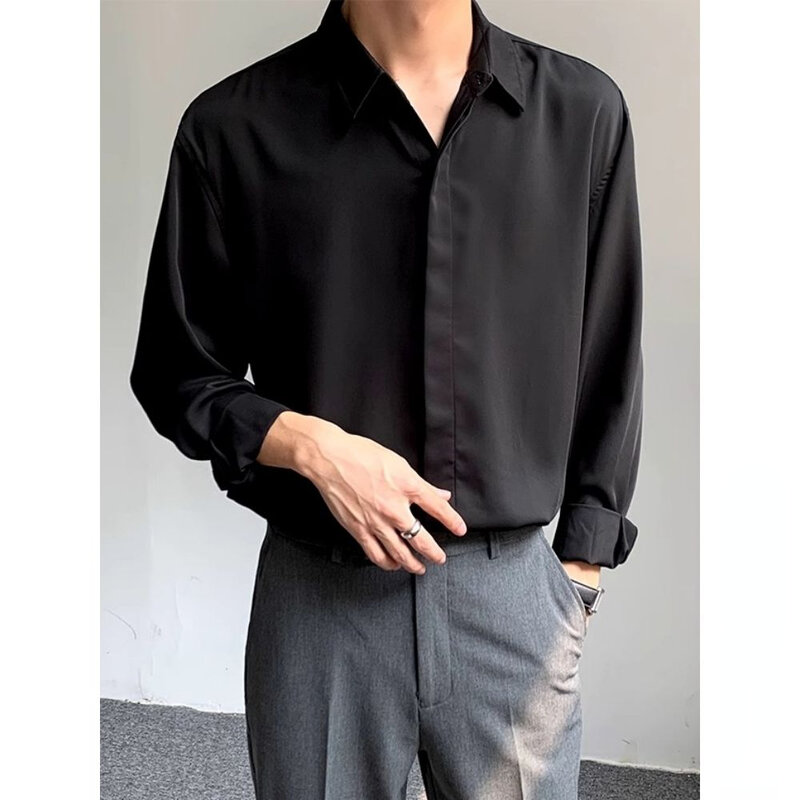 High-end Men Clothing Ice Silk Shirt Men Solid Color Drape Korean Long Sleeve Hidden Buttons Business Casual Men Dress Shirt