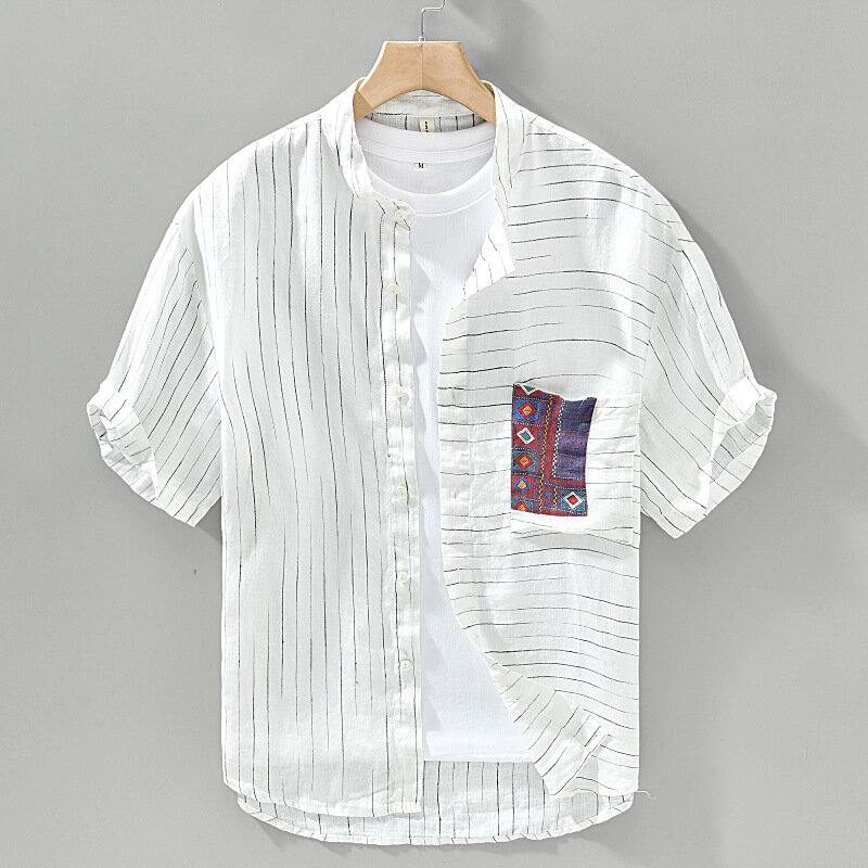 Jm286 camisas de manga corta para hombre, camisas de lino de estilo japonés a la moda para jóvenes, informales, a rayas, combina con todo, Tops masculinos de cuello alto