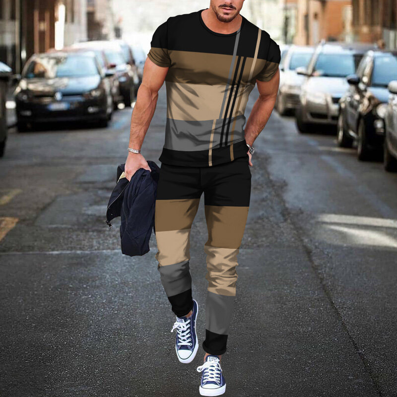 Fato de treino casual impresso em 3D masculino, roupas grandes, terno esportivo verão, camiseta manga curta, calças compridas, conjunto de duas peças, tendência