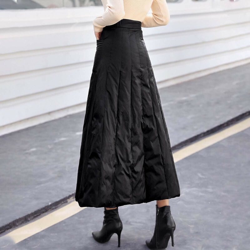 Winter Women's Cotton Down Skirt High Waist Casual Long Skirt for Women Thick Warm Female Padded Black Skirts