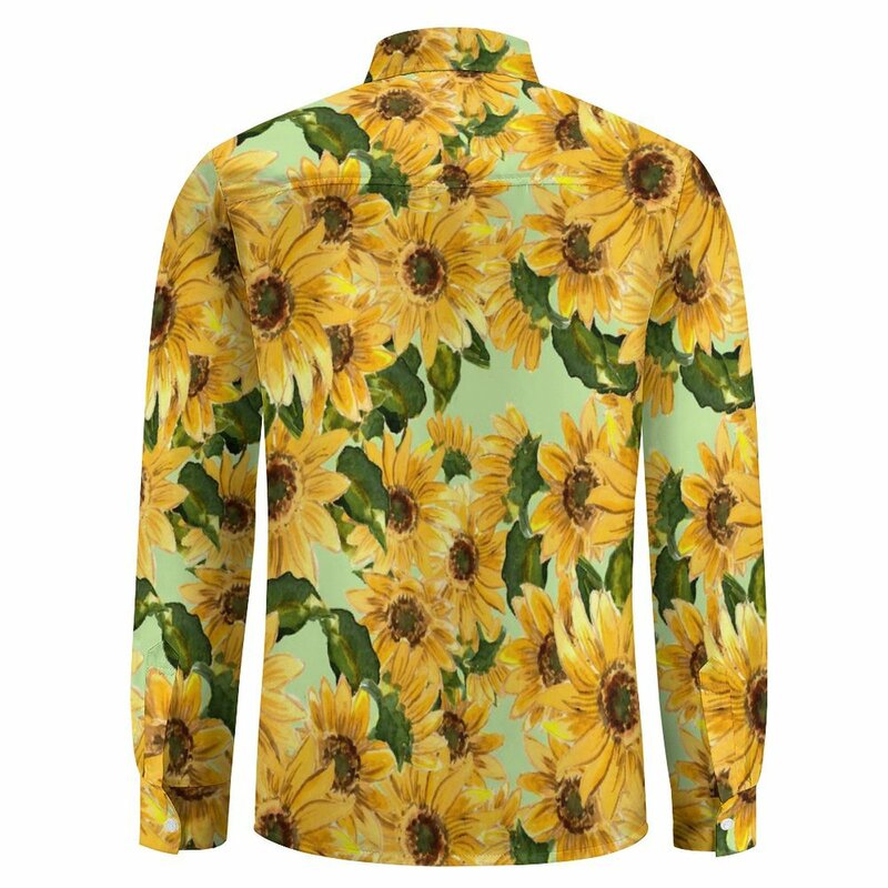 Camisas casuales de girasol floreciente para hombre, camisa Vintage de flores amarillas, blusa de gran tamaño de calle Y2K, Tops de diseño de manga larga