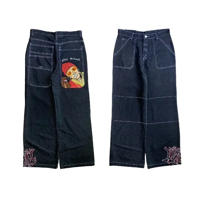 2024 JNCO American New High Street Hip Hop Print Men's Jeans Street Loose Harajuku Retro Straight Wide Leg Casual Couple Pants