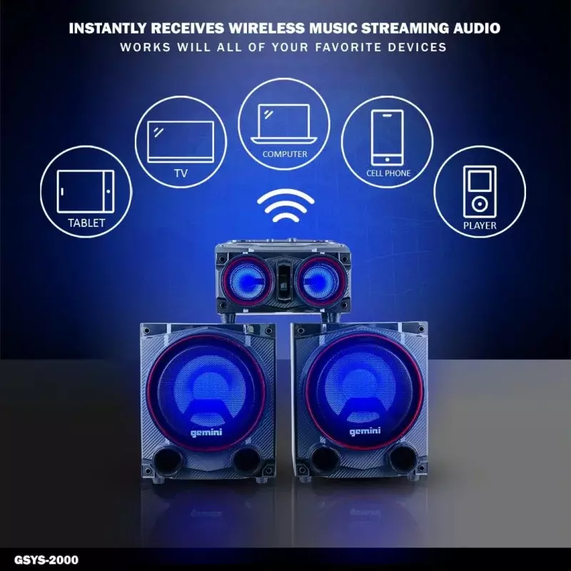 Gemini Sound GSYS-2000 Bluetooth LED Party Light Stereo System and Home Theater Audio System with 2000W Watts Bookshelf Speakers