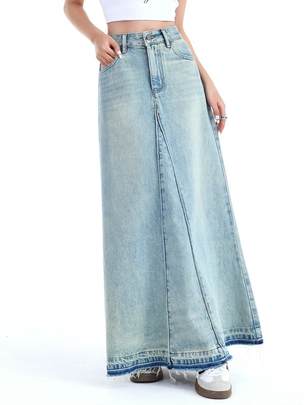 Zhisilao Nieuwe Vintage Lange Denim Rok Vrouwen Klassieke Blauwe Hoge Taille A-Lijn Jeans Rok Zomer 2024