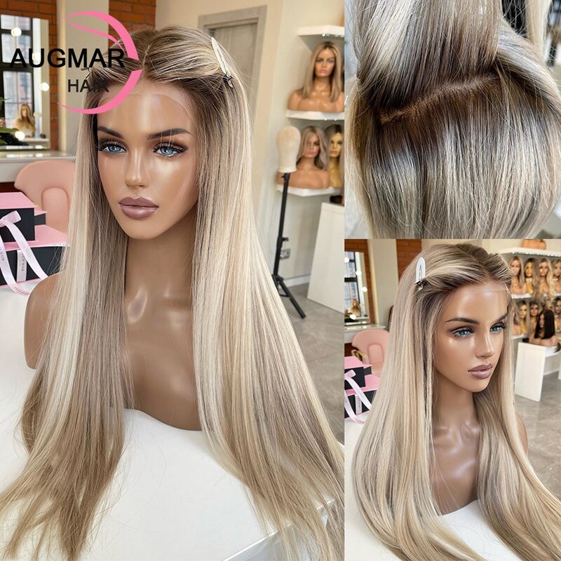 Ash Blonde Highlight Straight Lace Frontal Wig para Mulheres, Cabelo Humano, Perucas Pré Arracadas, 13x4, 360, HD, 13x6